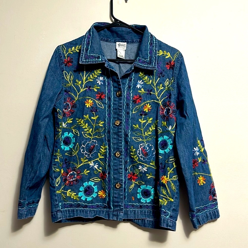 Gunit fashions floral embroidered denim jean shirt jacket small vintage Y2K